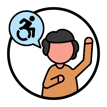 The person from the previous image with their hand raised. They have a speech bubble with a disability icon in it.
