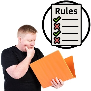 A person with a confused expression reading a 'Rules' document.