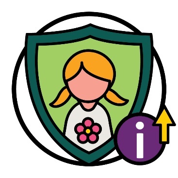 A child protection icon with an information icon and an arrow pointing up.