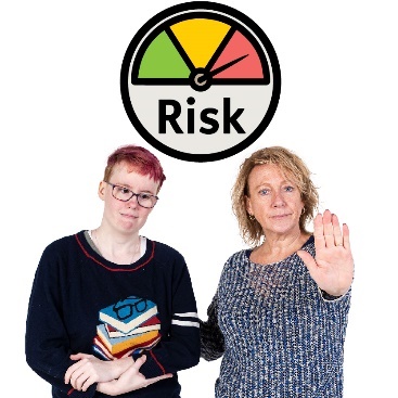 A person supporting a child and putting their hand out in front of them to protect them. Above them is a high risk icon.