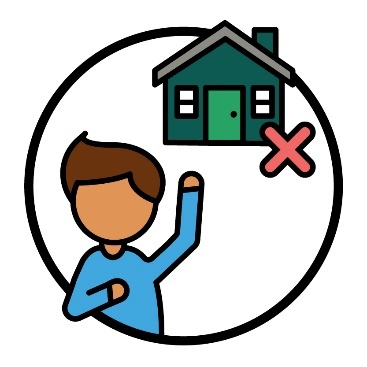 A person pointing to themself with their other hand raised. Next to them is a house with a cross.