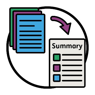 An arrow pointing from a long document to a short Easy Read summary document.