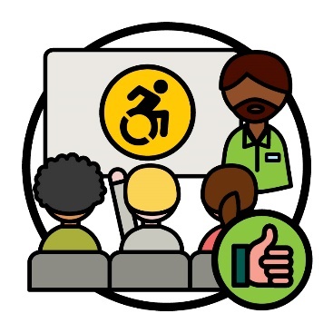 A person teaching people in the community about disability. Next to them is a thumbs up icon.