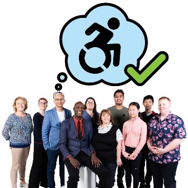 A community of people with a thought bubble that has a disability icon in it and a tick next to it.