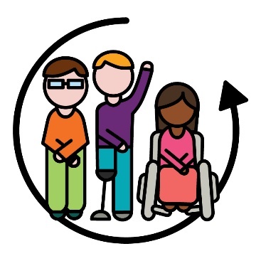 A group of people with disability with an arrow curving around them.