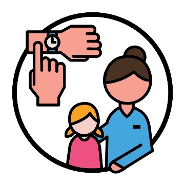 An early childhood partner supporting a child. Next to them is a hand pointing to a wristwatch.