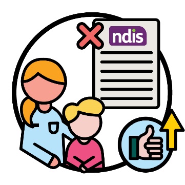 A worker supporting a child with developmental delay. Above them is an NDIS plan with a cross, and next to them is a make better icon.