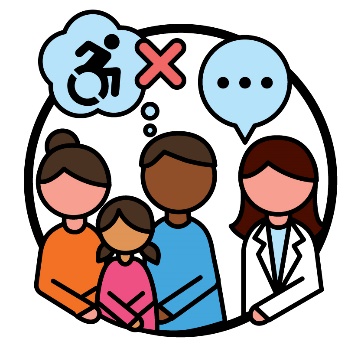 A health care worker having a conversation with a family. The family has a thought bubble with a disability icon in it and a cross next to it.