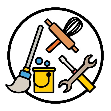 A mop with a bucket, a rolling pin and a whisk, and a screwdriver and a wrench.