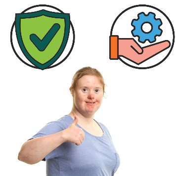 A person giving a thumbs up. Above is a safety icon and a services icon. 