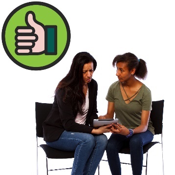 A person supporting someone else with a document. There is a thumbs up icon above. 