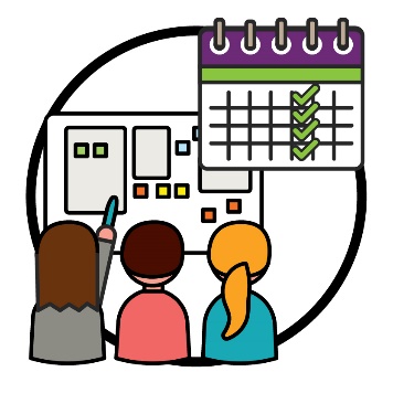 A group of people working on an ideas board. There is a calendar icon with ticks on the same day of every week. 
