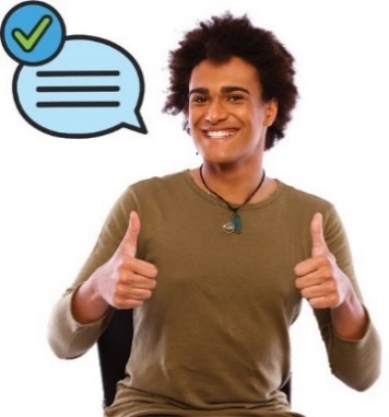 A person with both thumbs up. There is also a speech bubble and a tick icon.