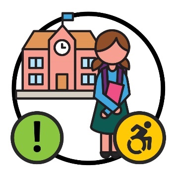 A child at school with an importance symbol and a disability symbol. 