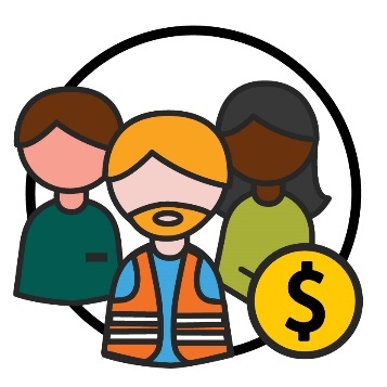 An icon of a group of working people with a money icon. 