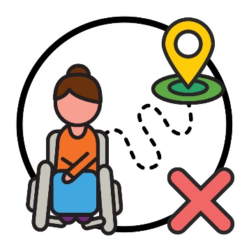 A person in a wheelchair with a dotted line pointing to a map marker. There is a cross. 