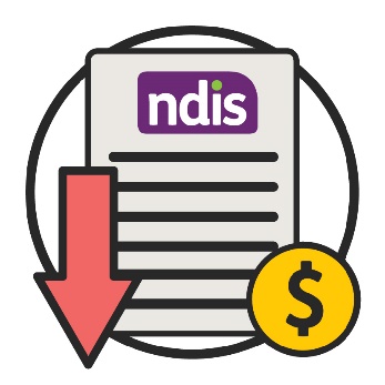 An NDIS plan icon with a money icon and a downward pointing arrow. 