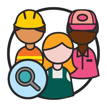 A group of workers with a search icon. 