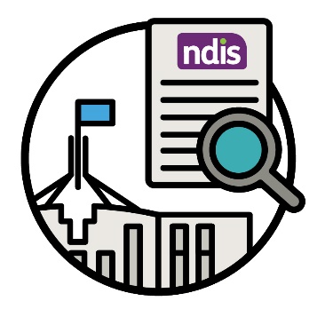 An NDIS icon with a search symbol. There is a government building. 