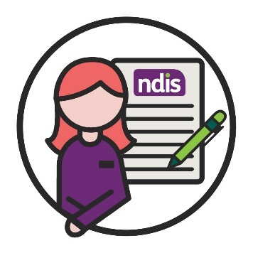 A person with a name tag beside an NDIS plan and a pen icon.