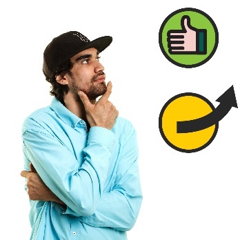 A person rubbing their chin. There is a thumbs up icon and an arrow pointing up. 