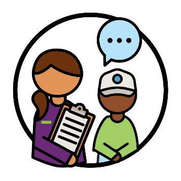 An NDIA worker holding a clipboard next to a child. Above the child is a speech bubble.