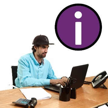 A person using their laptop with an information icon above them.