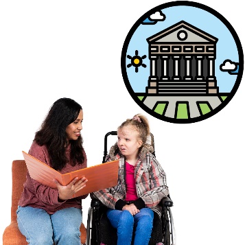 A person supporting a child in a wheelchair read. Above them is an icon of a government building.