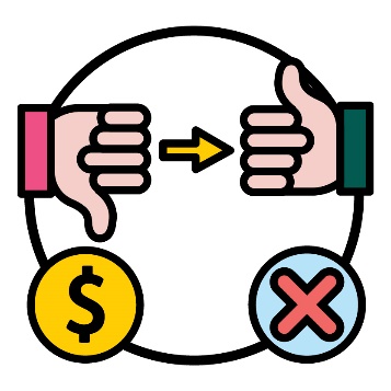 A thumbs down with an arrow pointing to a thumbs up. Below them is a dollar sign and a cross.