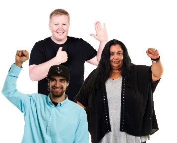 3 people pointing to themselves and raising their hands.