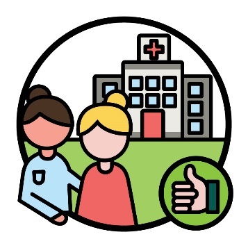 A person supporting a person in front of a hospital and a thumbs up icon.