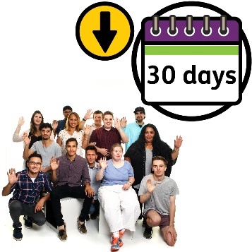 A group of diverse people waving. Above them is a calendar that says '30 days' with an arrow pointing down.