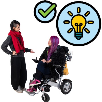 A person sharing an idea with a person in a wheelchair and a tick icon.