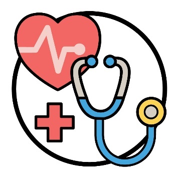 Health care icons, a heart, a plus and a stethoscope. 