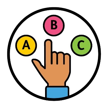 Three options, A, B and C. There is a hand pointing toward option B. 