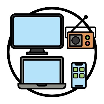 A TV icon, radio icon, phone icon and laptop icon.
