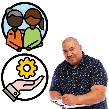 A person writing on a document. Next to them is a supports icon and services icon.