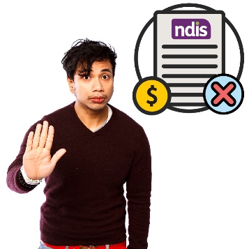 A person holding their hand out. Above them is an NDIS document with a dollar sign and cross.
