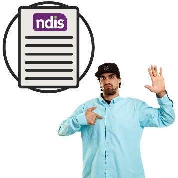A person with one hand raised and the other pointing to themselves. Next to them is a NDIS document.