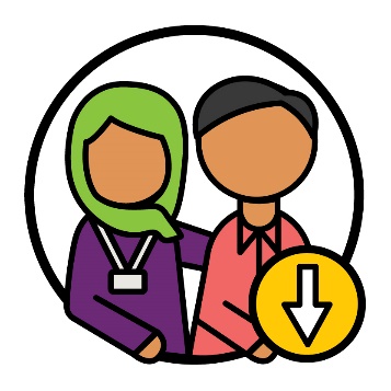 An NDIS worker supporting a person with an arrow pointing down.