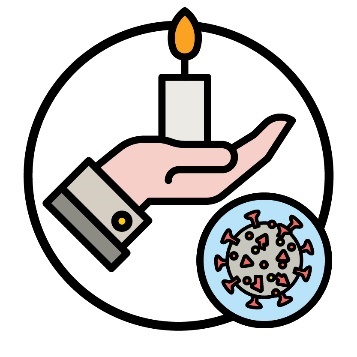 An icon of a hand holding a candle with a COVID-19 icon.