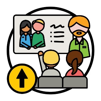 An icon of a person training 2 people on supporting people. One person has their arm raised and next to them is an arrow pointing up.