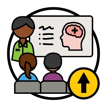 An icon of a person training 2 people on supporting mental health. In the bottom corner is an arrow pointing up.