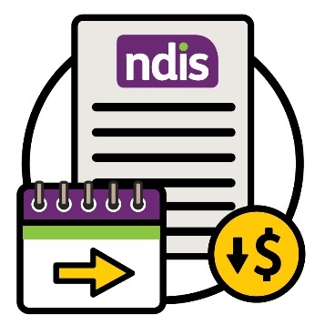 An NDIS document with a calendar that has an arrow pointing to the right. Next to it is a dollar sign icon with an arrow pointing down.