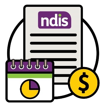 An NDIS document with a dollar sign and  a calendar with a chart. The chart is 3 quarters full.