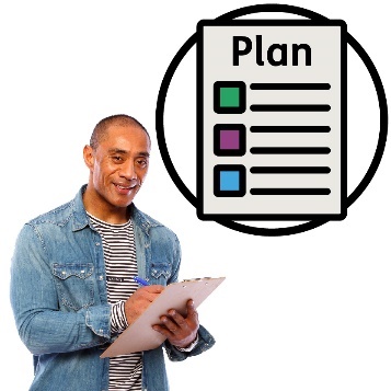 A person holding a document with a plan document icon above them.