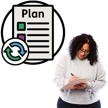 A person writing on a document and a plan document icon with a change icon above them. 