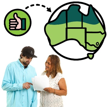 A person supporting someone read a document. Above them is a thumbs up with an arrow pointing to a map of Australia with north of Australia highlighted. 