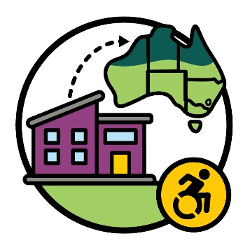 An icon of a Specialist Disability Accommodation with an arrow pointing to a map of Australia with north of Australia highlighted. Below is a disability icon. 