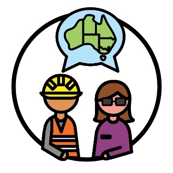 A builder and a person wearing glasses. Above them is a speech bubble with a map of Australia.